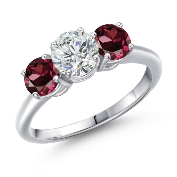 Gem Stone King 925 Sterling Silver Lab Grown Diamond and Red Rhodolite Garnet Engagement Ring for Women | 1.94 Cttw | Round 6MM | Gemstone April Birthstone | Size 9