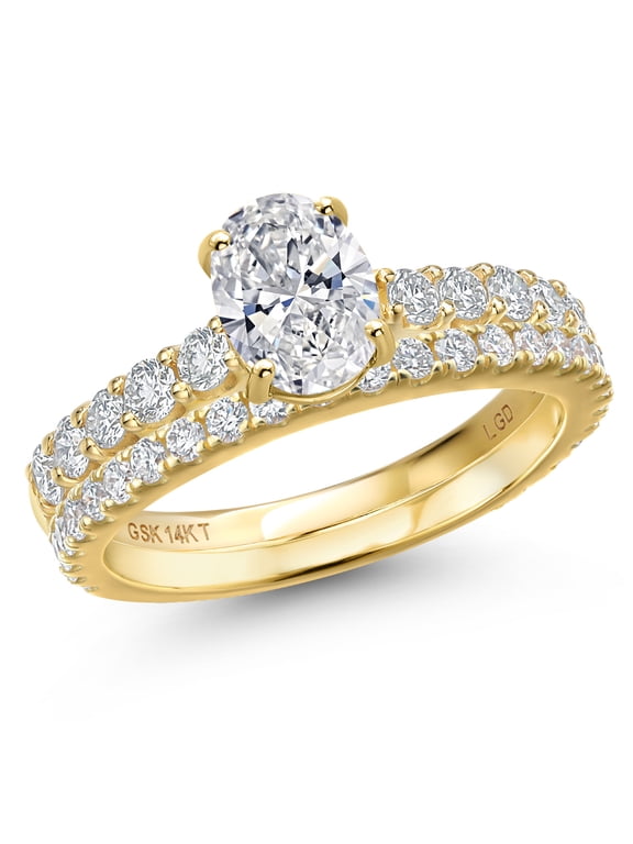 1.94 Cttw IGI Certified Lab Grown Diamond Bridal Ring Set in 14K Yellow Gold | Oval Center Diamond 1.00 Ct | D-E | VS1-VS2 | Engagement Wedding Ring Band Set for Women | Size 6