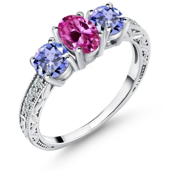 Gem Stone King 1.94 Cttw Oval Pink Created Sapphire and Blue Tanzanite 925 Sterling Silver Ring for Women | Gemstone Birthstone | Oval 7X5MM and Round 5MM (Size 5)
