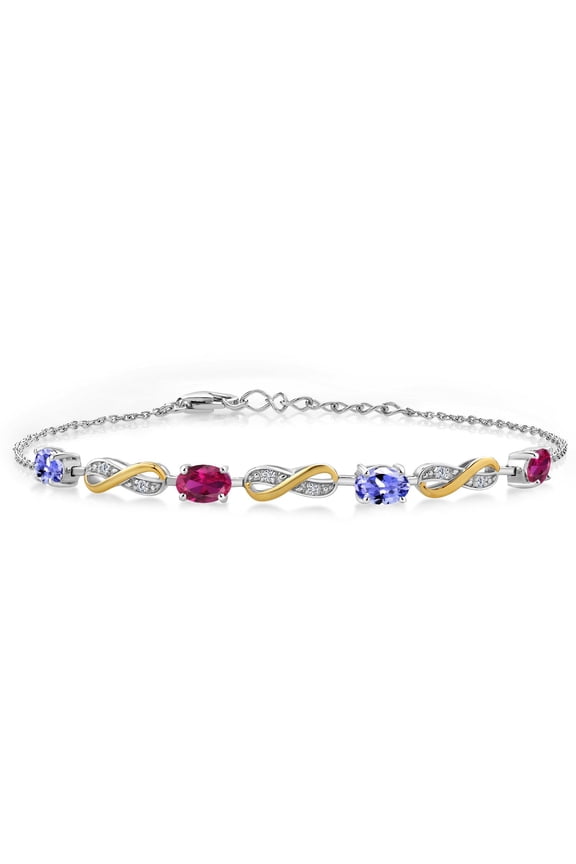 1.95 Ct Blue Tanzanite Red Created Ruby 925 Silver and 10K Yellow Gold Lab Grown Diamond Infinity Bracelet for Women Mother's Mom Wife Her, Fully Adjustable up to 7.5 inch)