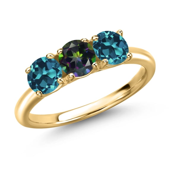 Gem Stone King 18K Yellow Gold Plated Silver Green Mystic Topaz and London Blue Topaz Engagement Ring for Women | 1.95 Cttw | Round 5MM | Gemstone November Birthstone | Size 7