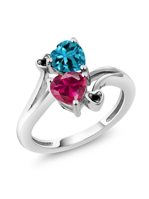 1.95 Ct Heart Shape London Blue Topaz Created Ruby 10K White Gold Diamond Accent Ring (Size 7)