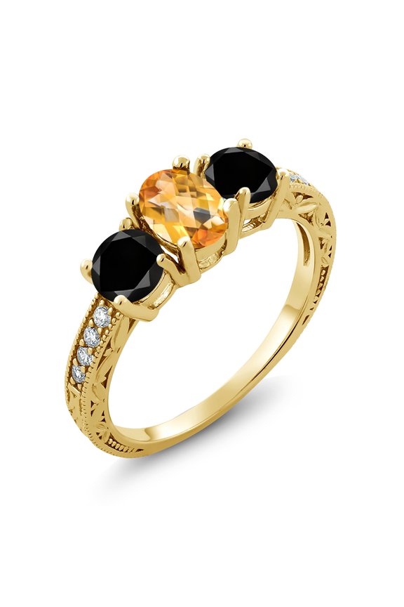 1.95 Ct Oval Checkerboard Yellow Citrine Black Diamond 18K Yellow Gold Plated Silver Moissanite Ring (Size 7)