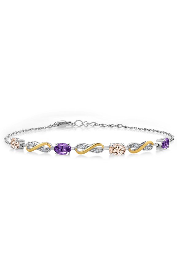 1.95 Ct Peach Morganite Purple Amethyst 925 Silver and 10K Yellow Gold Lab Grown Diamond Infinity Bracelet for Women Mother's Mom Wife Her, Fully Adjustable up to 7.5 inch)