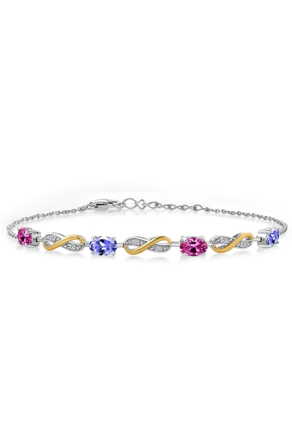 1.95 Ct Pink Created Sapphire Blue Tanzanite 925 Silver and 10K Yellow Gold Lab Grown Diamond Infinity Bracelet for Women Mother's Mom Wife Her, Fully Adjustable up to 7.5 inch)