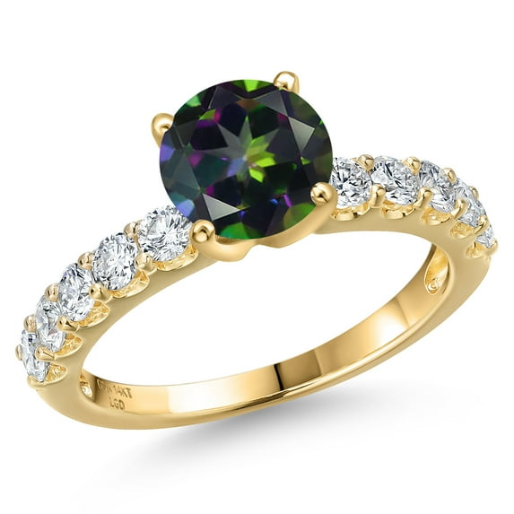 Gem Stone King 14K Yellow Gold Green Mystic Topaz and Lab Grown Diamond Engagement Ring for Women | 1.95 Cttw | Round 7MM | Gemstone November Birthstone | Size 7