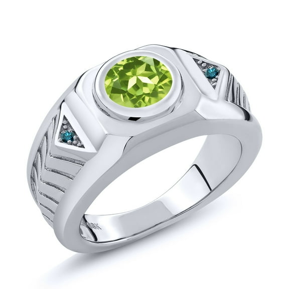 Gem Stone King 1.95 Ct Round Green Peridot Blue Diamond 925 Sterling Silver Men's Ring