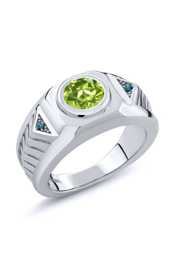 1.95 Ct Round Green Peridot Blue Diamond 925 Sterling Silver Men's Ring