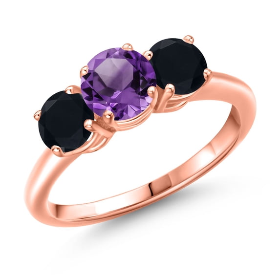 Gem Stone King 18K Rose Gold Plated Silver Purple Amethyst and Black Onyx Engagement Ring for Women | 1.95 Cttw | Round 6MM | Gemstone February Birthstone | Size 7