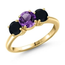 Gem Stone King 18K Yellow Gold Plated Silver Purple Amethyst and Black Onyx Engagement Ring for Women | 1.95 Cttw | Round 6MM | Gemstone February Birthstone | Size 5