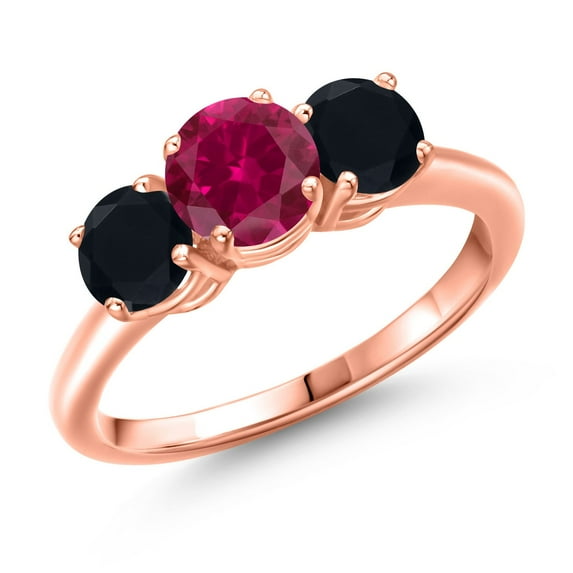 Gem Stone King 18K Rose Gold Plated Silver Red Created Ruby and Black Onyx Engagement Ring for Women | 1.95 Cttw | Round 6MM | Gemstone July Birthstone | Size 9