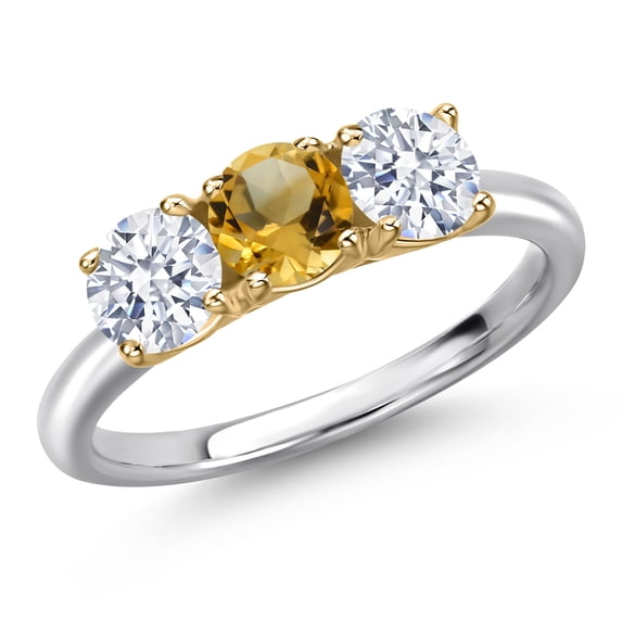 Gem Stone King 10K Two Tone Gold Yellow Citrine and White Zirconia Engagement Ring for Women | 1.95 Cttw | Round 5MM | Gemstone November Birthstone | Size 8