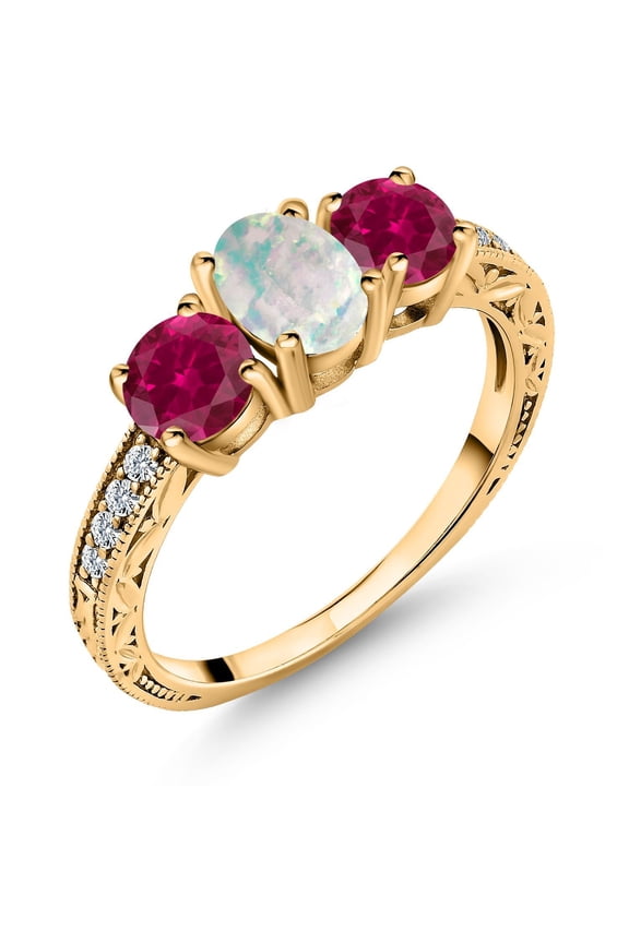 1.95 Ct Oval Cabochon White Simulated Opal Red Created Ruby 18K Yellow Gold Plated Silver Ring (Size 6)