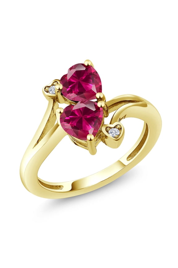 1.95 Cttw 10K Yellow Gold Red Created Ruby 2 Heart Shape Engagement Ring for Women | 6MM Heart | Wedding Anniversary Promise Ring (Size 5)