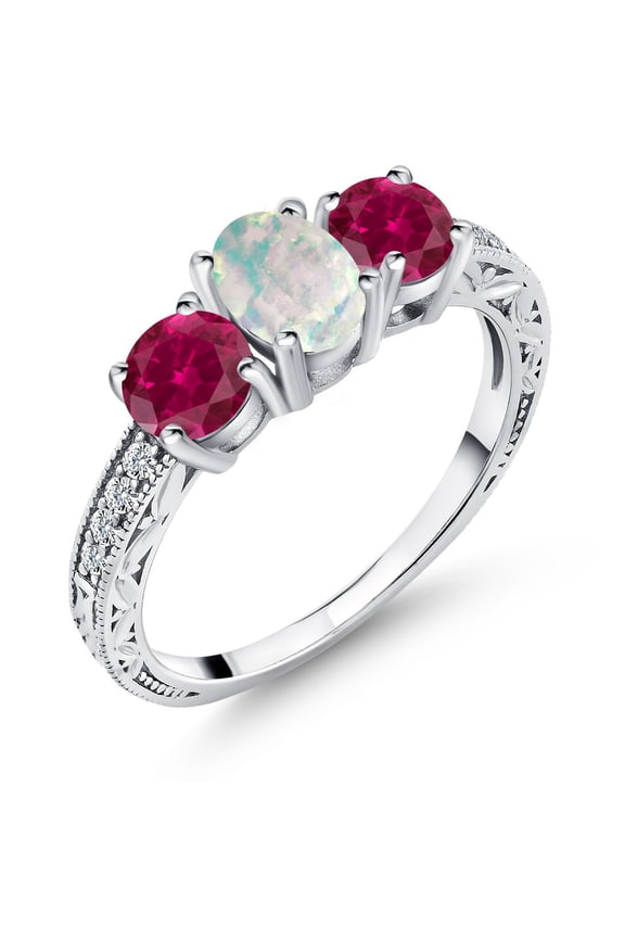 1.95 Cttw Oval Cabochon White Simulated Opal and Red Created Ruby Ring for Women | 925 Silver | Gemstone Birthstone | Wedding Engagement Anniversary Promise Ring for Women | Size 9