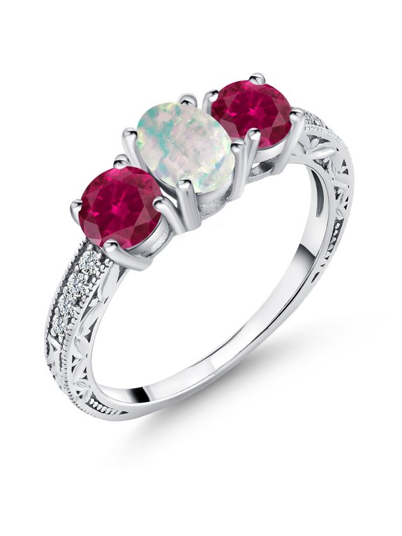1.95 Cttw Oval Cabochon White Simulated Opal and Red Created Ruby Ring for Women | 925 Silver | Gemstone Birthstone | Wedding Engagement Anniversary Promise Ring for Women | Size 9