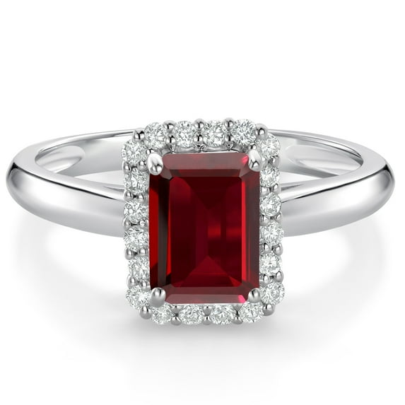 Gem Stone King 1.96 Ct Emerald Cut Red Garnet G/H Lab Grown Diamond 10K White Gold Halo Engagement Ring (Size 5)