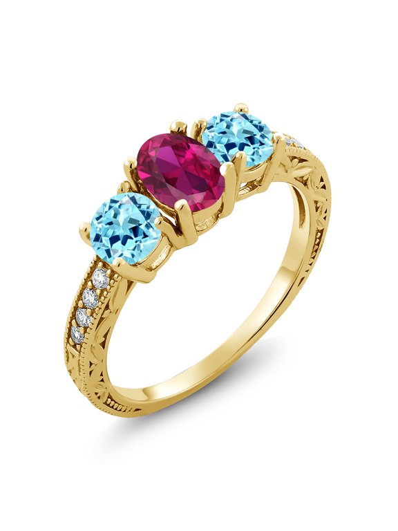 1.96 Ct Oval Red Created Ruby Blue Apatite 18K Yellow Gold Plated Silver Moissanite Ring (Size 6)