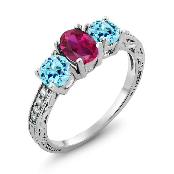 Gem Stone King 1.96 Ct Oval Red Created Ruby Blue Apatite 925 Sterling Silver Moissanite Ring (Size 6)