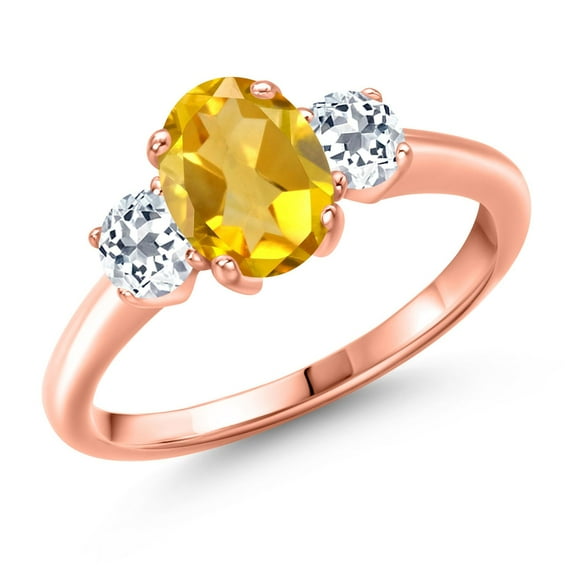 Gem Stone King 1.96 Ct Oval Yellow Citrine White Topaz 18K Rose Gold Plated Silver Ring
