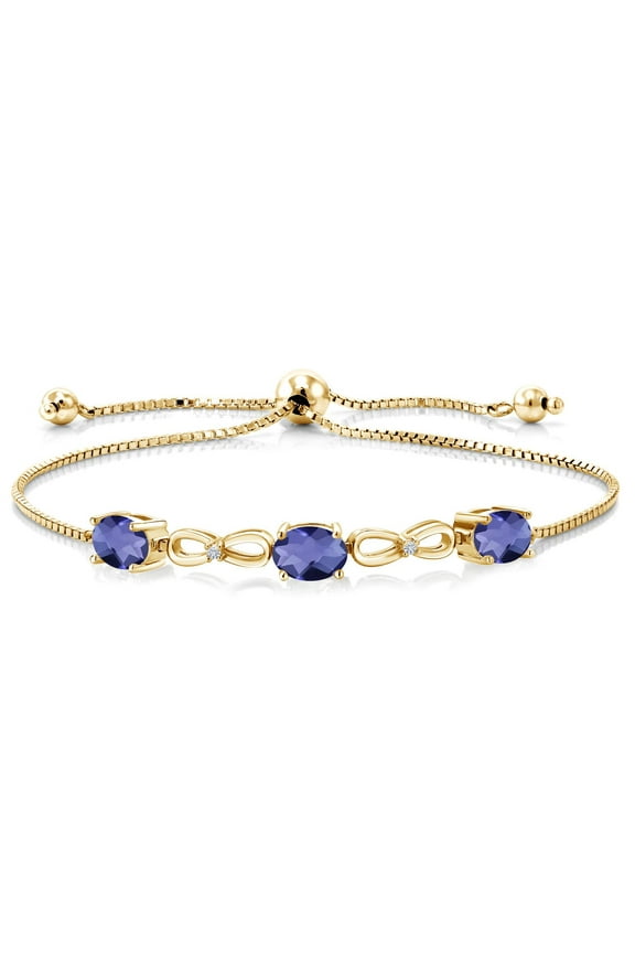 1.97 Ct Oval Checkerboard Blue Iolite E-F Lab Grown Diamond 18K Yellow Gold Plated Silver Bracelet for Women
