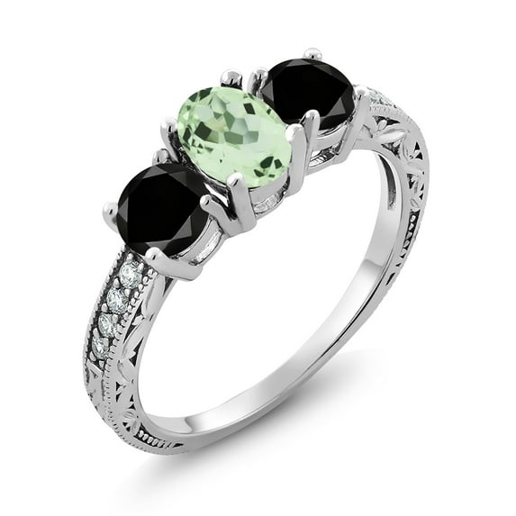 Gem Stone King 1.97 Ct Oval Green Prasiolite Black Diamond 925 Sterling Silver Moissanite Ring (Size 6)