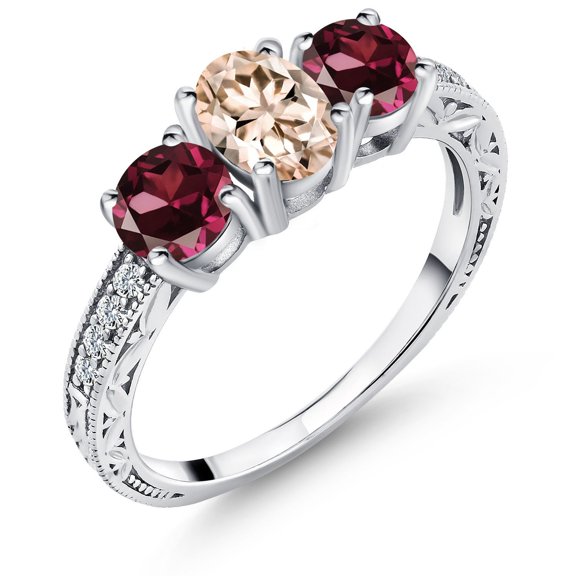Gem Stone King 1.97 Ct Oval Peach Morganite Red Rhodolite Garnet 925 Sterling Silver Ring (Size 8)