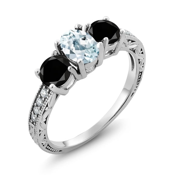 Gem Stone King 1.97 Ct Oval Sky Blue Aquamarine Black Diamond 925 Sterling Silver Moissanite Ring (Size 6)