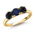 thumbnail image 1 of Gem Stone King 18K Yellow Gold Plated Silver Blue Sapphire and Black Sapphire Engagement Ring for Women | 1.98 Cttw | Round 5MM | Gemstone September Birthstone | Size 5, 1 of 6