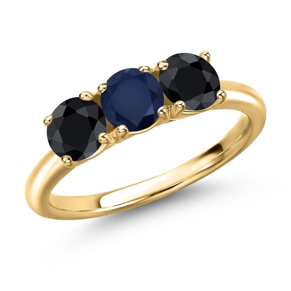 Gem Stone King 18K Yellow Gold Plated Silver Blue Sapphire and Black Sapphire Engagement Ring for Women | 1.98 Cttw | Round 5MM | Gemstone September Birthstone | Size 5