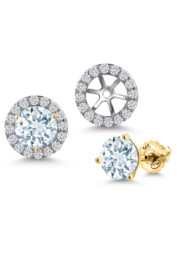 14K Two-Tone Gold Sky Blue Aquamarine and Lab Grown Diamond Removable Jacket Stud Halo Earrings for Women | 1.98 Cttw | Round 6MM | March Birthstone | Fine Jewelry Gifts for Her Mom Women Wife