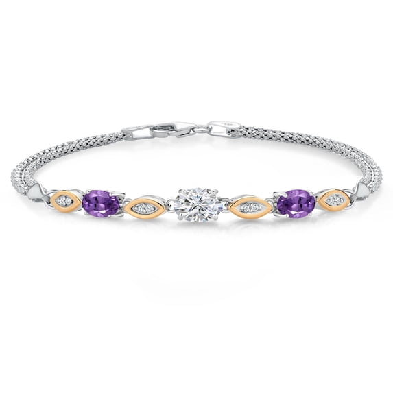 Gem Stone King 1.98 Cttw 925 Silver and 10K Yellow Gold IGI Certified Lab Grown Diamond and Purple Amethyst Bracelet for Women | Center Diamond 1 Ct | D-E Color | VS1-VS2 Clarity | 6.5/7/7.5 inches