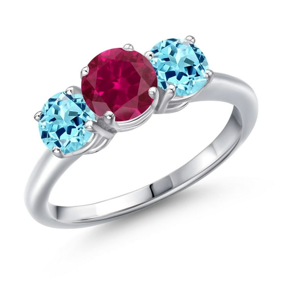 Gem Stone King 925 Sterling Silver Red Created Ruby and Blue Apatite Engagement Ring for Women | 1.99 Cttw | Round 6MM | Gemstone July Birthstone | Size 6