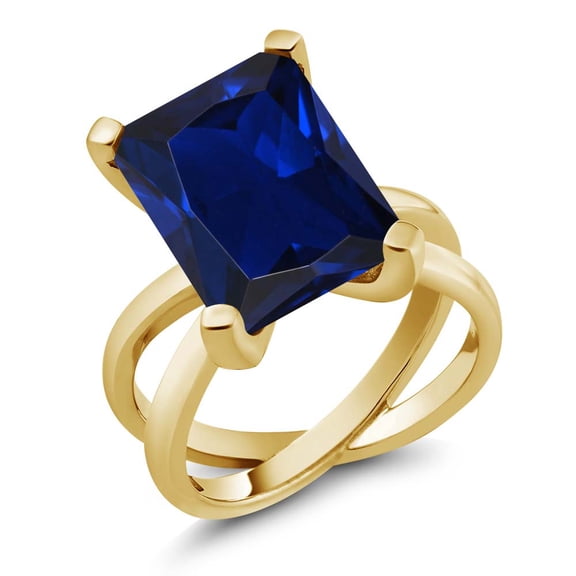Gem Stone King 10.00 Ct Octagon Blue Created Sapphire 18K Yellow Gold Plated Silver X Ring (Size 5)