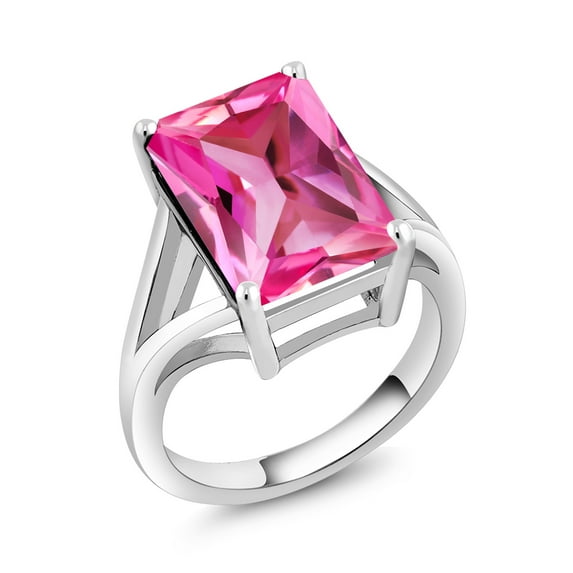 Gem Stone King 10.00 Ct Octagon Pink Created Sapphire 925 Sterling Silver Ring