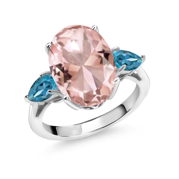 Gem Stone King 10.00 Ct Oval Peach Nano Morganite London Blue Topaz 925 Sterling Silver 3-Stone Engagement Ring