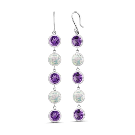 Gem Stone King 10.00 Ct Round Purple Amethyst White Simulated Opal 925 Sterling Silver Earrings