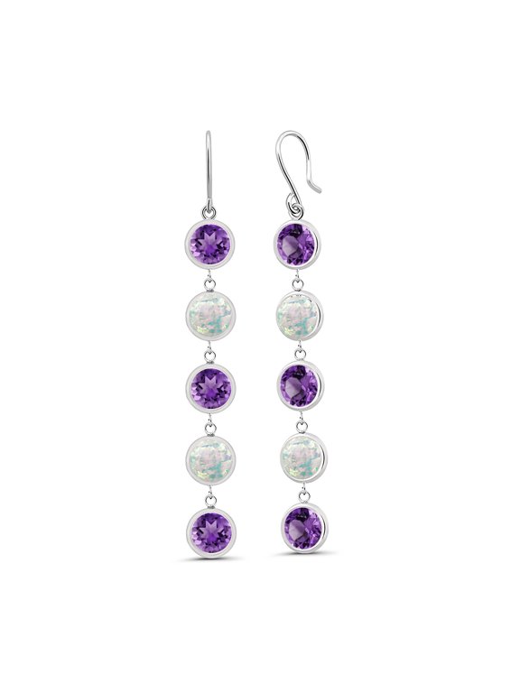 10.00 Ct Round Purple Amethyst White Simulated Opal 925 Sterling Silver Earrings