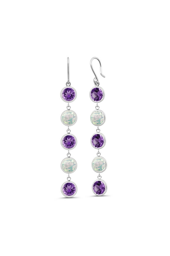 10.00 Ct Round Purple Amethyst White Simulated Opal 925 Sterling Silver Earrings
