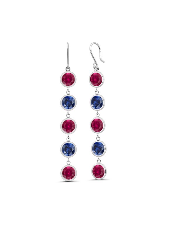 10.00 Ct Round Red Created Ruby Blue Created Sapphire 925 Sterling Silver Earrings