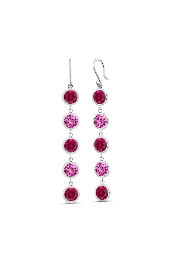 10.00 Ct Round Red Created Ruby Pink Created Sapphire 925 Sterling Silver Earrings