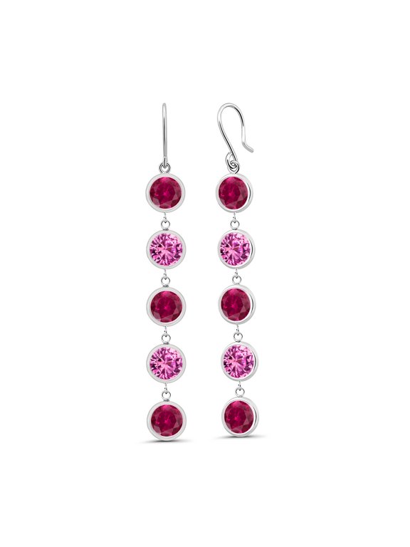 10.00 Ct Round Red Created Ruby Pink Created Sapphire 925 Sterling Silver Earrings
