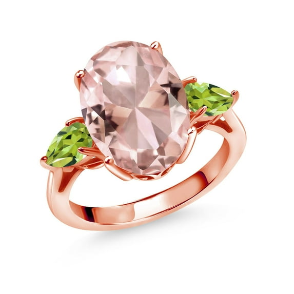 Gem Stone King 10.03 Ct Oval Peach Nano Morganite Green Peridot 18K Rose Gold Plated Silver 3-Stone Engagement Ring