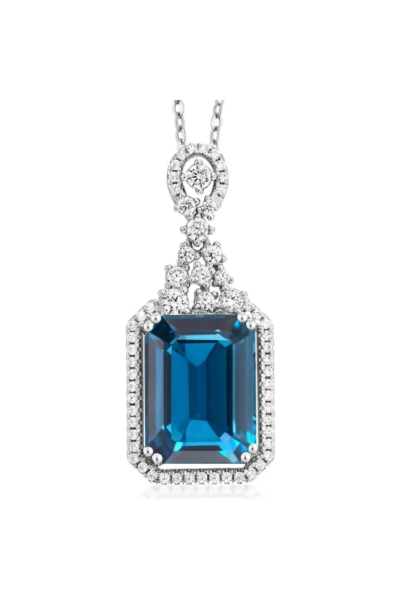 925 Sterling Silver London Blue Topaz Pendant Necklace for Women (10.10 Ct Emerald Cut 14X10MM, Gemstone Birthstone with 18 inch Silver Chain)