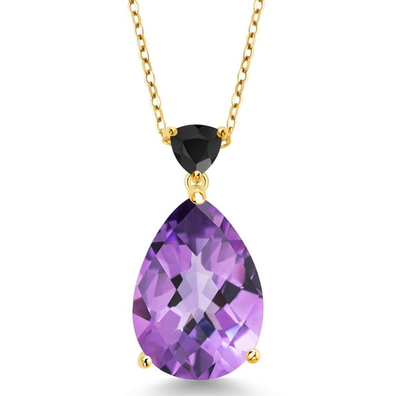 Gem Stone King 10.18 Ct Pear Shape Checkerboard Purple Amethyst Black Onyx 18K Yellow Gold Plated Silver Pendant with Chain
