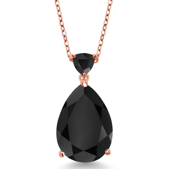 Gem Stone King 10.27 Ct Pear Shape Black Onyx 18K Rose Gold Plated Silver Pendant with Chain