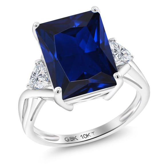 Gem Stone King 10.44 Cttw 10K White Gold Blue Created Sapphire and Lab Grown Diamond Engagement Ring for Women | | Emerald Cut 14X10MM | Trillion 4MM (Size 5)