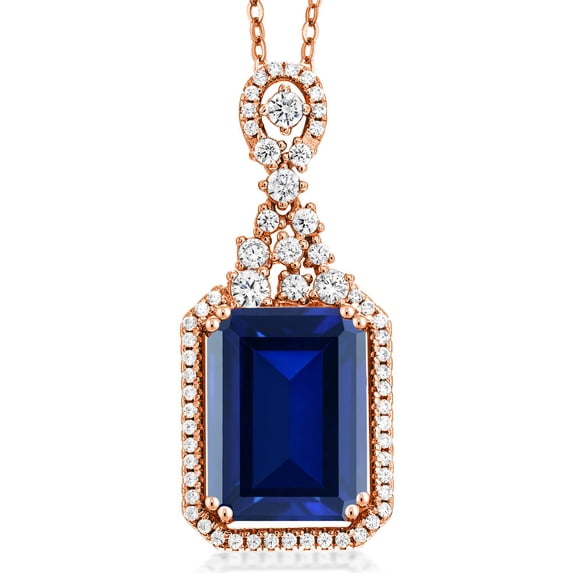 Gem Stone King 10.60 Ct Octagon Blue Created Sapphire 18K Rose Gold Plated Silver Pendant