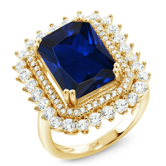 Gem Stone King 10.60 Ct Octagon Blue Created Sapphire 18K Yellow Gold Plated Silver Ring