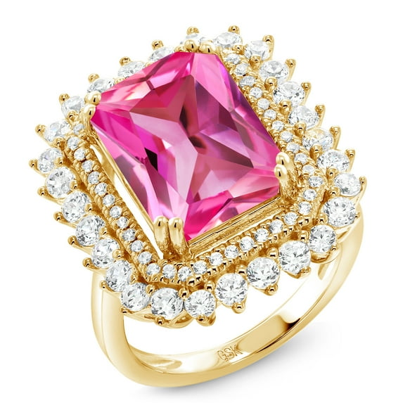 Gem Stone King 10.60 Ct Octagon Pink Created Sapphire 18K Yellow Gold Plated Silver Ring